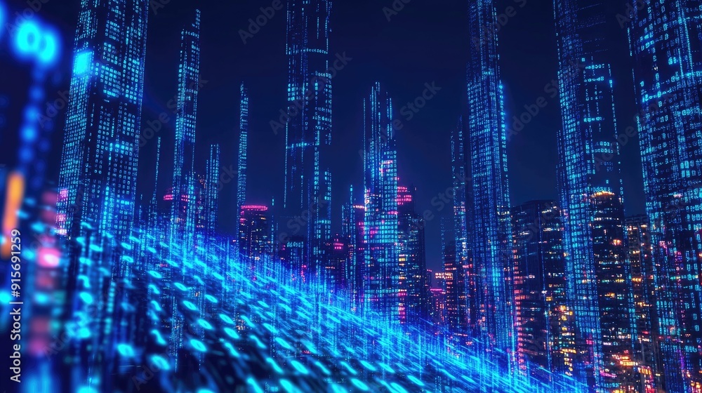 Poster city at night with neon blue lighting and streaming binary code. illustration of high-tech data flow