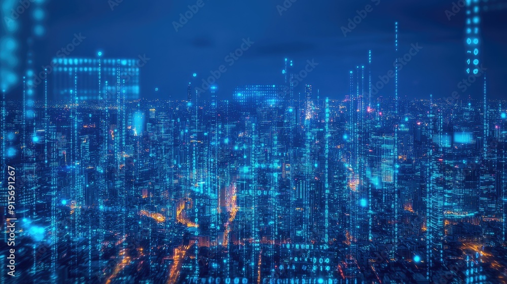 Poster city at night with neon blue lighting and streaming binary code. illustration of high-tech data flow