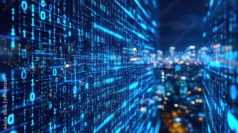Poster city at night with neon blue lighting and streaming binary code. illustration of high-tech data flow
