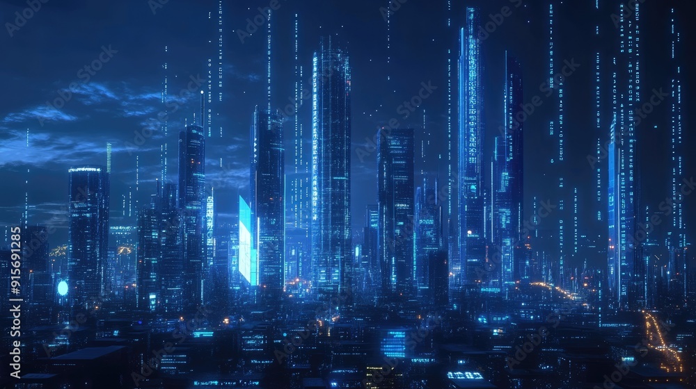 Poster city skyline illuminated by neon blue lights with binary code streaming across. concept of advanced 