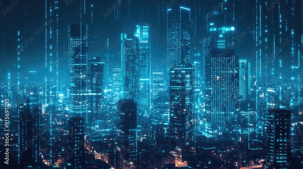 Poster city skyline illuminated by neon blue lights with binary code streaming across. concept of advanced 