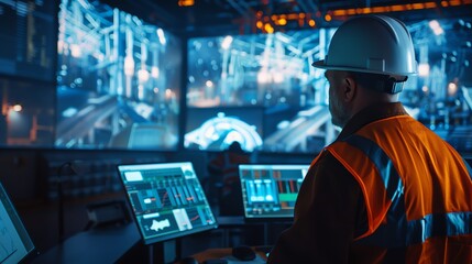 Engineer monitoring industrial process on large screens.
