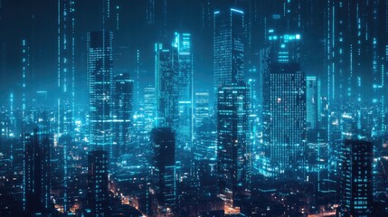 City skyline illuminated by neon blue lights with binary code streaming across. Concept of advanced technology and data flow in a futuristic city.