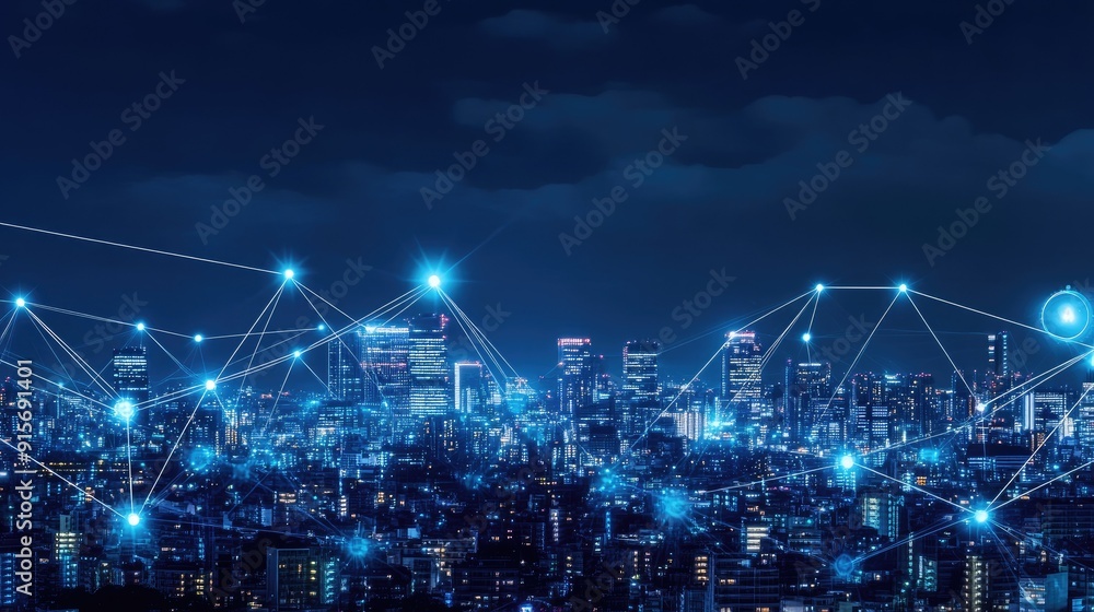 Poster city skyline with abstract digital connections representing the flow of big data and cyber security.
