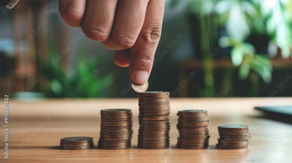 Poster a person is putting coins on top of each other on a table