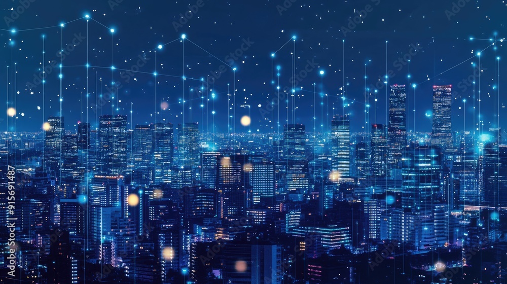 Poster city skyline with illuminated skyscrapers and data connections symbolizing big data and technology.