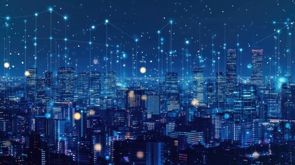 Fototapeta premium City skyline with illuminated skyscrapers and data connections symbolizing big data and technology.