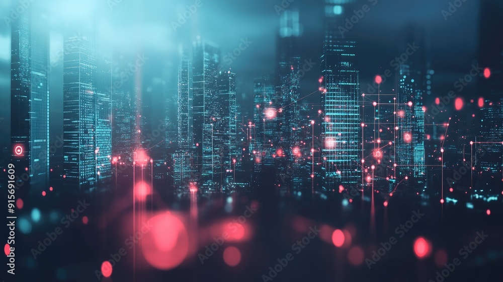 Poster cityscape with abstract digital connections and skyscrapers representing big data and security.