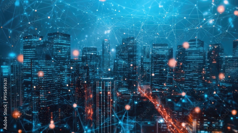 Poster cityscape with abstract digital connections and skyscrapers representing big data and security.