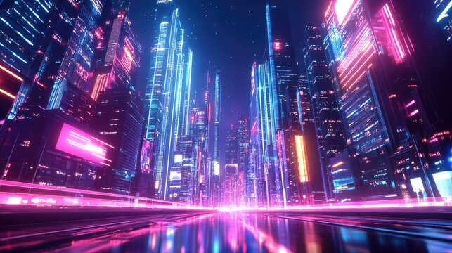 Colorful futuristic city at night with bright neon lights. Wide-angle view of a cyberpunk cityscape with retro wave influences.