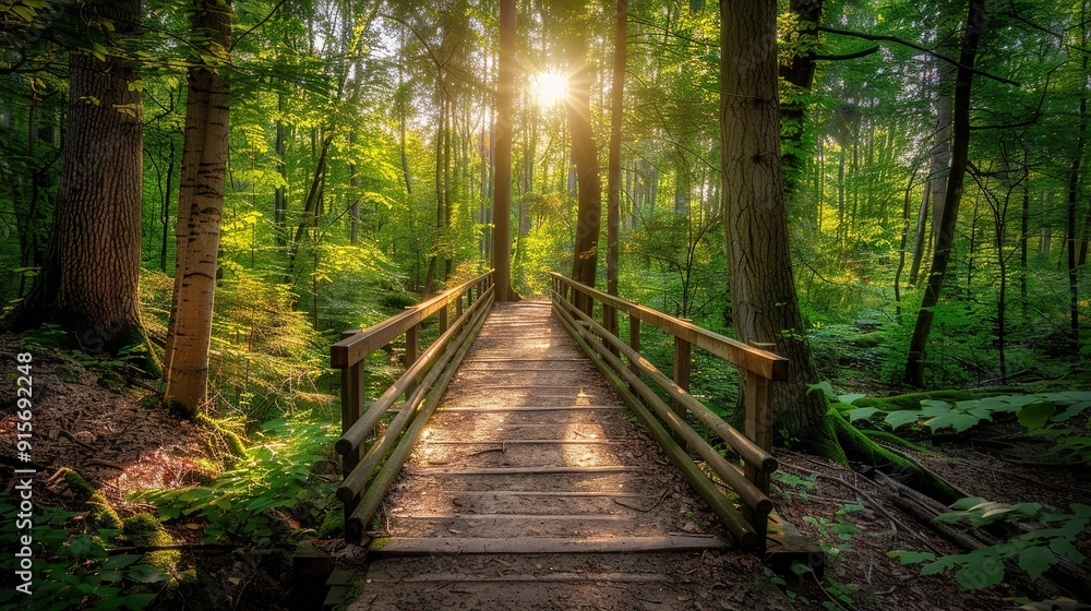 Poster sunlight filtering through trees on a tranquil wooden bridge in a lush forest during the golden hour