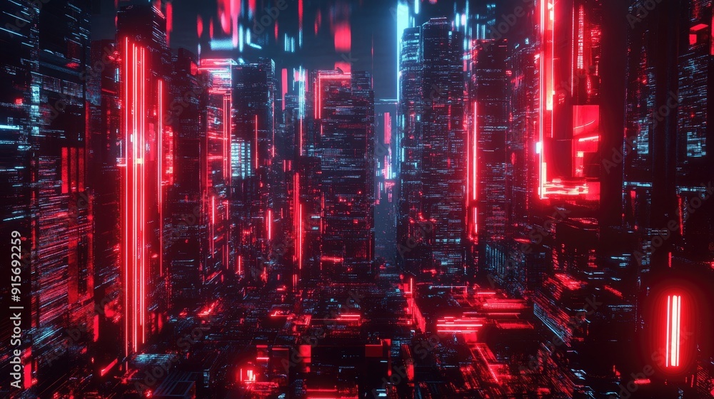 Poster cyberpunk city at night with red neon lights and dark tech background. 3d rendering capturing the es