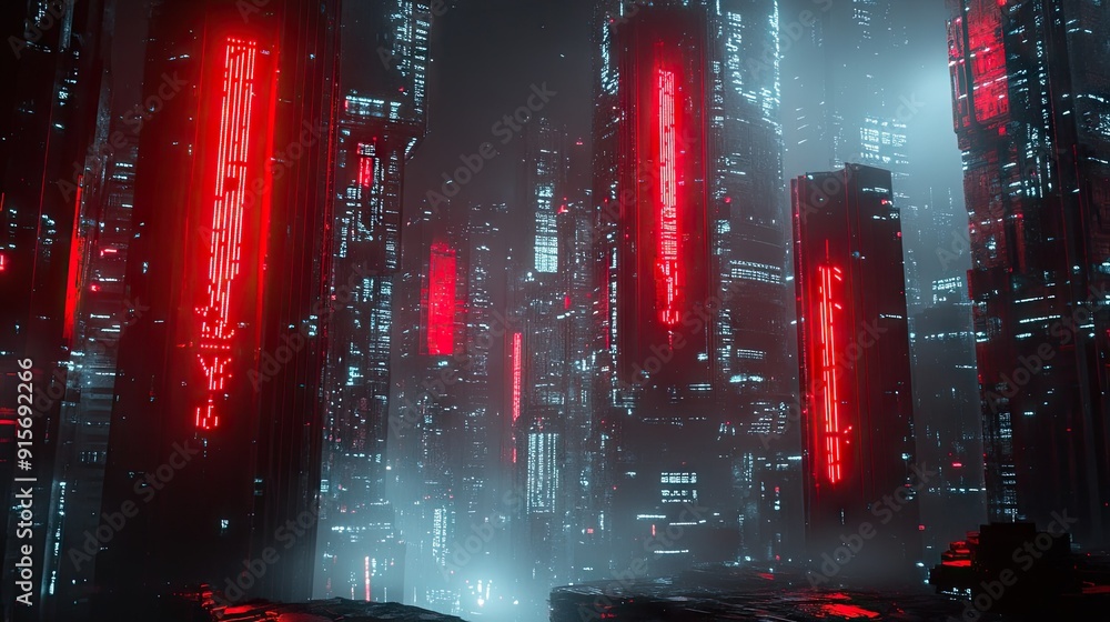 Poster cyberpunk city at night with red neon lights and dark tech background. 3d rendering capturing the es
