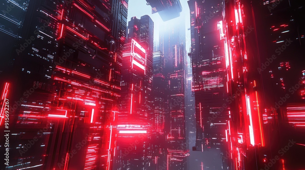 Poster cyberpunk city at night with red neon lights and dark tech background. 3d rendering capturing the es