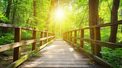 Obraz premium Sunlight filters through trees along a wooden pathway in a vibrant green forest during the early morning hours