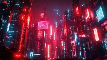 Fototapeta premium Cyberpunk city at night with a red light technology backdrop. Neon signs and futuristic architecture rendered in vivid 3D.