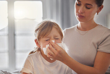 Home, sick and mother with girl, sneeze and cold virus with flu, care and family with disease....