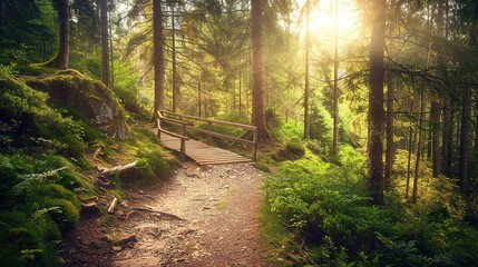 Obraz premium Tranquil forest trail with wooden bridge during golden hour in a lush green woodland