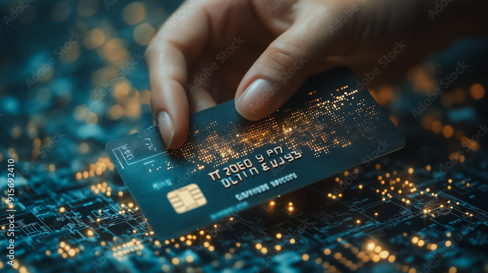 Poster secure online payment transaction concept with a person verifying a credit card payment on a digital