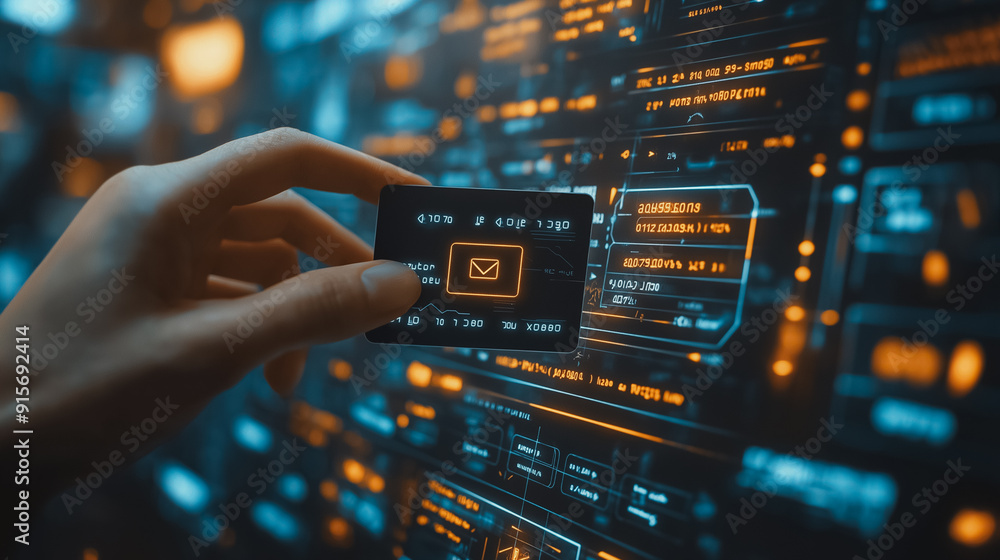 Poster secure online payment transaction concept with a person verifying a credit card payment on a digital