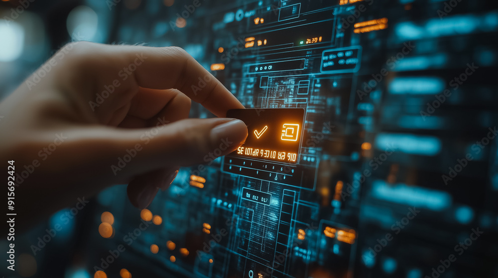 Poster person confirming a secure online payment using a credit card through a digital interface with a ver