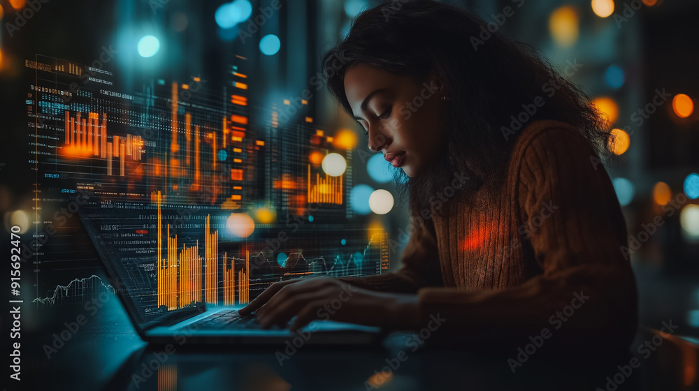 Poster futuristic digital marketing background showcasing a marketer focused on performance metrics and gra