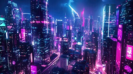 Cyberpunk city panorama showcasing a futuristic skyline with vibrant neon lights. Digital art.