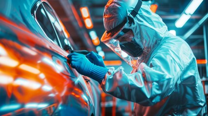 Fototapeta premium Wide-angle view of a car painter in full protective gear meticulously painting a car with a blend of blue and orange hues in a well-lit auto workshop.