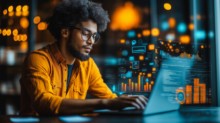 Fototapeta premium Professional digital marketing background with a marketer reviewing internet banner ads and social media promotions on a laptop, emphasizing the analysis of online advertising campaigns and metrics.