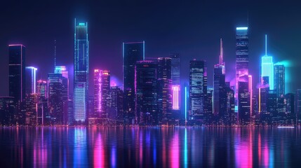 Fototapeta premium Cyberpunk city skyline at night with vibrant neon lights and a colorful background. Wide city front view with a retro wave feel.