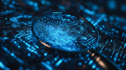 Magnifying glass focus on identity verification, KYC concept, increase financial security, access personal financial data, biometrics security system