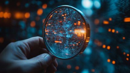 Person using magnifying glass for KYC, identity verification system, financial security increase, access personal financial data, biometrics security concept