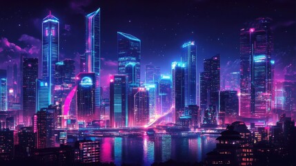 Fototapeta premium Cyberpunk cityscape with bright neon lights and towering skyscrapers at night. Dark background with a panoramic view of futuristic urban design.