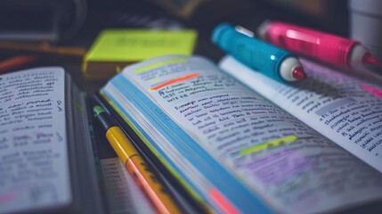 An open textbook with highlighted passages on a desk.