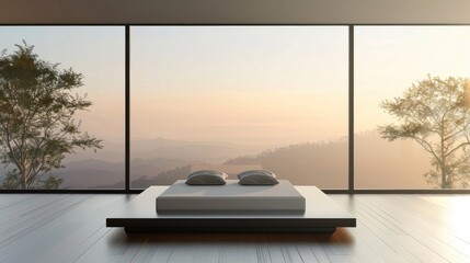 Minimalist bedroom with a low platform bed and floor-to-ceiling windows