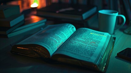 An open textbook with highlighted passages on a desk.