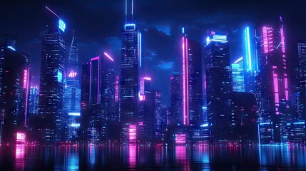 Fototapeta premium Cyberpunk-themed night cityscape featuring bright neon lights and sleek skyscrapers. Dark background with a futuristic, panoramic view.
