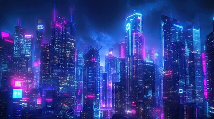 Obraz premium Cyberpunk-themed night cityscape featuring bright neon lights and sleek skyscrapers. Dark background with a futuristic, panoramic view.