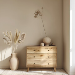 Simple bedroom with natural wood dresser and beige tones minimalist,
Interior decoration inspired by mexican folklore