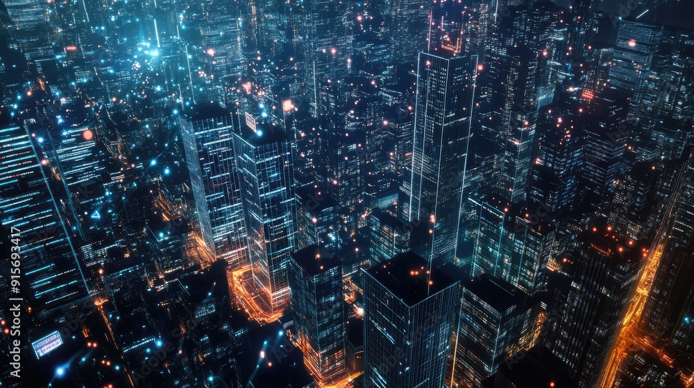 Poster digital city with illuminated skyscrapers and data connections illustrating big data flow and securi