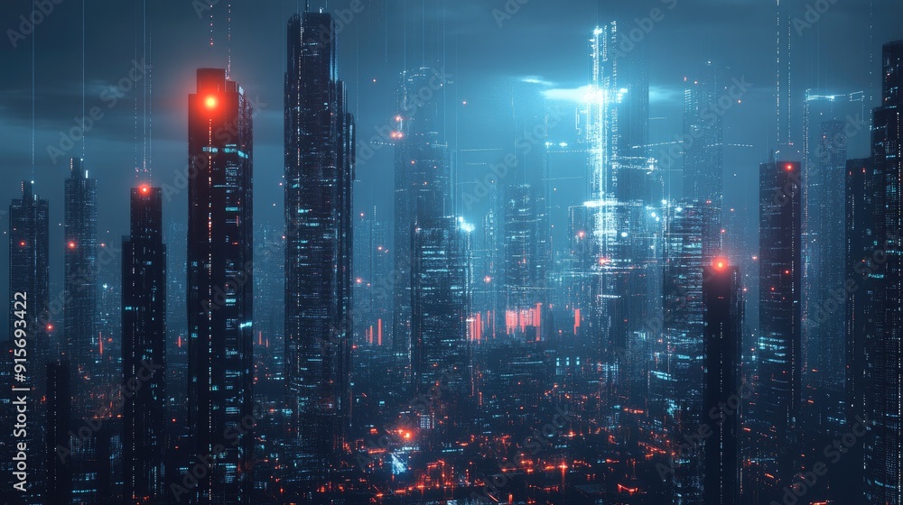 Poster digital city with illuminated skyscrapers and data connections illustrating big data flow and securi