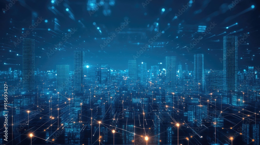 Aufkleber digital cityscape with skyscrapers and data connections symbolizing big data and cyber security.