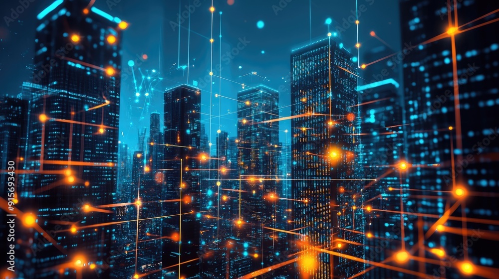 Poster digital city with illuminated skyscrapers and data connections illustrating big data flow and securi