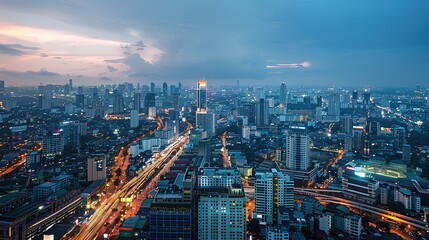 Obraz premium City skyline at dusk with bustling streets and illuminated buildings in Jakarta