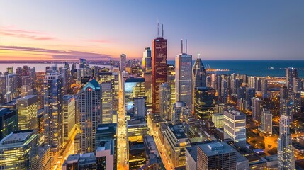 Obraz premium Skyline view of a vibrant city at sunset with illuminated buildings and a calm waterfront