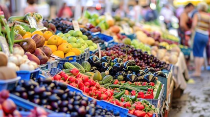 Vibrant farmers market filled with fresh fruits and vegetables during a sunny day in a bustling town