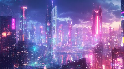 Obraz premium Digital neon buildings and bright lights in a futuristic urban skyline. Panoramic digital art.
