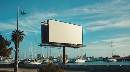 Empty billboard overlooking marina with boats during clear day