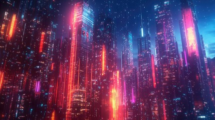 Obraz premium Digital neon buildings towering in a futuristic urban skyline. Vibrant lights and advanced architecture.