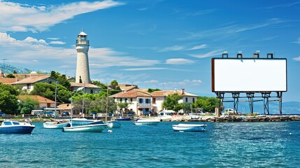 Naklejka premium Coastal view of a lighthouse with a blank billboard and fishing boats under a clear blue sky